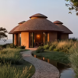 an outdoor hut with a pathway leading up to it