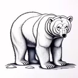 an ink drawing of a polar bear on white paper,an image of a bear standing in the dirt