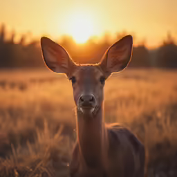 a little deer standing in a field at sunset