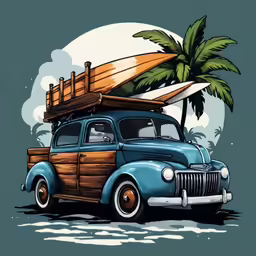 an old - fashioned blue pickup truck with surfboard strapped to its roof