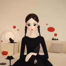 an animated doll with braid hair and black dress