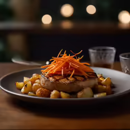 a piece of steak topped with carrots and potatoes