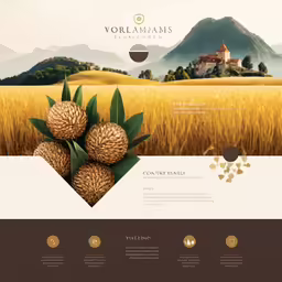 a yellow and brown website homepage that features images of a landscape, mountains and fields