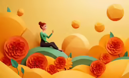 a woman sitting on top of a lush green field