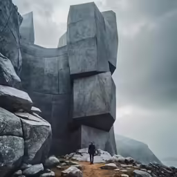 man standing on top of a rock formation with clouds in the background
