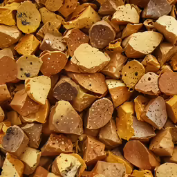 small pieces of brown food are on display