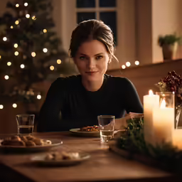 a young lady sits in front of a decorated christmas tree