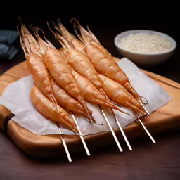 small food item placed on white paper and in wooden tray