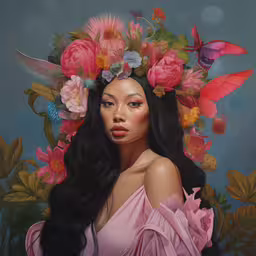 an image of a beautiful woman with flowers in her hair,a beautiful young woman with long hair wearing a flower crown