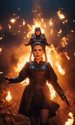 the character, catwoman, has two other bodies and is wearing a dark costume and holding a baby on her shoulders