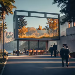 the outside of a building with people walking down the street