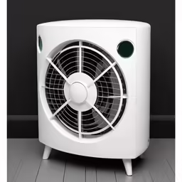 a white fan heater sitting on top of a table