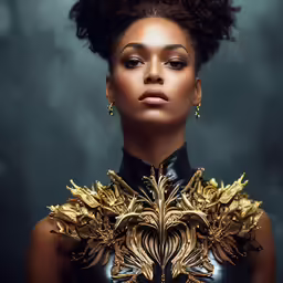 young woman with large brass flower decoration on the body