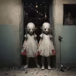two girls standing in the doorway of a building wearing a spooky costume