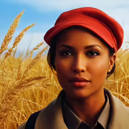 a woman in a red hat standing in front of yellow cornfield