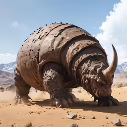 a large horned animal walks across sand dunes