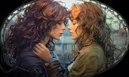 two women with curly hair are staring at each other