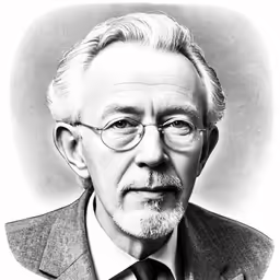 this drawing depicts the head and shoulders of a man in a suit with glasses, tie and glasses