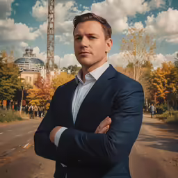 a man posing in front of an old - fashioned sky tower