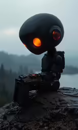 a large, black, electronic camera set with glowing eyes