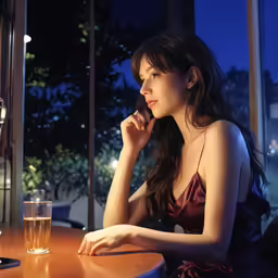 a woman sitting at a table with a glass and a cell phone