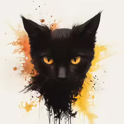 a black cat with yellow eyes sitting down