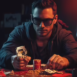 man in black jacket and glasses playing with cards