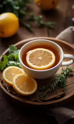 a bowl filled with a soup with lemons and herbs