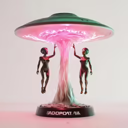 a man and woman stand in front of a giant mushroom with arms raised in the air