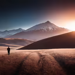 a lone man walking towards a distant hill