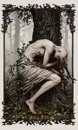 a woman leaning on a tree branch while holding it