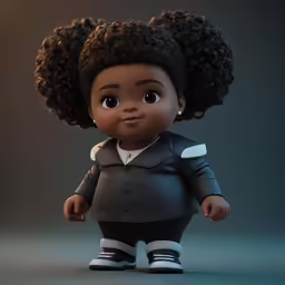 an african american doll wearing a gray shirt and black shorts