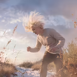 a blonde haired woman runs in the snow