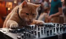 the cat is sticking its tongue out by the sound equipment