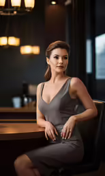 a woman is sitting at the counter wearing a dress