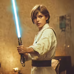 a female star wars character holding a light saber