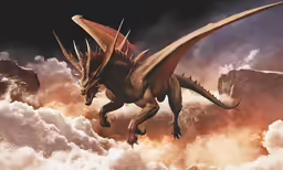 a dragon flying over a rocky area covered in clouds