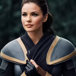 an attractive woman wearing black and brown armor