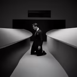 a man in a suit stands alone in a large hallway