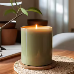 the candles on the coaster are lit and resting