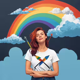 the woman is standing under a rainbow painted,a person with red hair is standing under a rainbow
