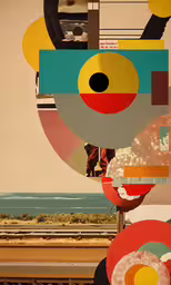 a man is standing on a platform near the beach,many pieces of artwork have been altered to resemble different types of shapes