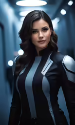 a woman standing in a hallway wearing a leather suit