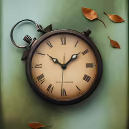 there is a small clock on the wall with autumn leaves around it