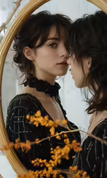 two people standing in front of a mirror holding hands