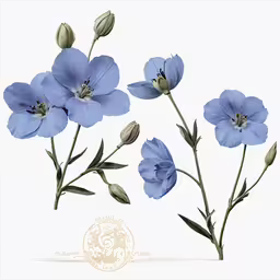 three blue flowers that are on a stem,blue flowers with leaves on a white background