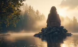 a woman sits on the edge of a lake as the sun rises