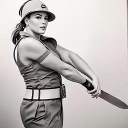 a woman in uniform holding a large baseball bat