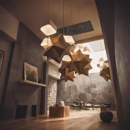 a suspended light is shown in a room with wood flooring