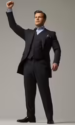 a male in a suit standing and pointing to something